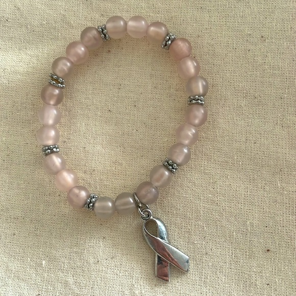 BreastCancer Awareness Pink Beaded Bracelet - Mirror Chrome Ribbon Charm - Picture 6 of 7